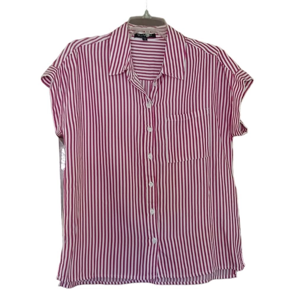 Designer Top Short Sleeve Red & White Button-Down w/Collar Sm  by: Velvet Heart